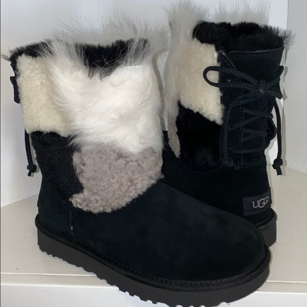 AUTH NIB UGG CLASSIC SHORT PATCHWORK FLUFF BOOT